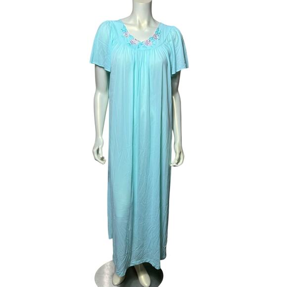 Vintage Shadowline Aqua Nightgown Medium - Embroidered Rose Neckline Nylon Maxi - Picture 1 of 8